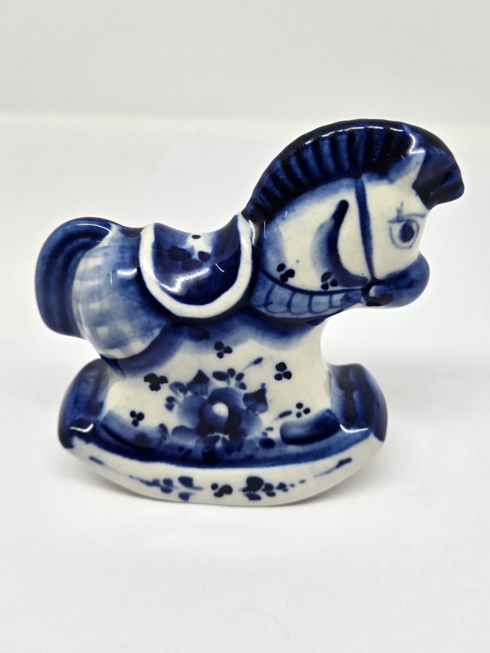 Gzhel Russia Hand Painted / Made Porcelain Rocking Horse, Blue and White 80s-90s